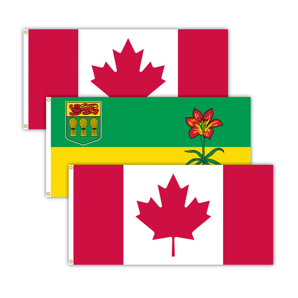 This bundle features 2x Canadian flags and 1x Saskatchewan flag.