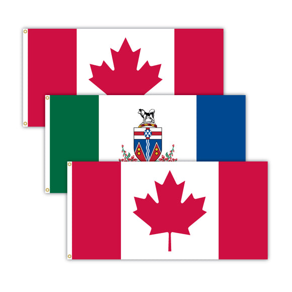 This bundle features 2x Canadian flags and 1x Yukon flag.