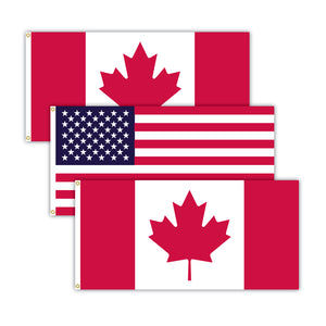 Canadian flag bundle featuring 2 Canada flags and 1 American flag.