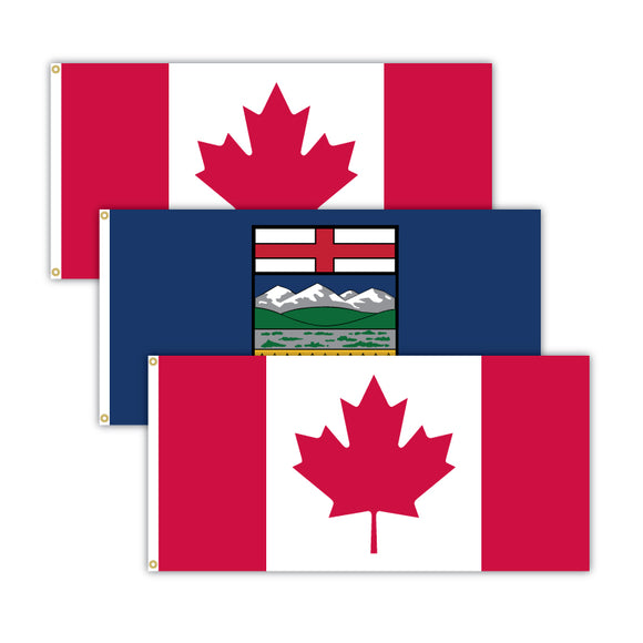 Bundle of two Canadian flags and one Alberta flag.