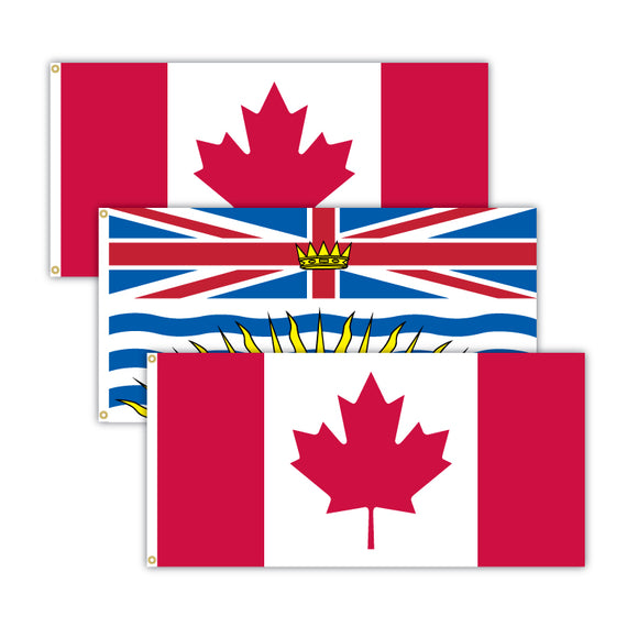 This bundle features 2x Canadian flags and 1x British Columbia flag.