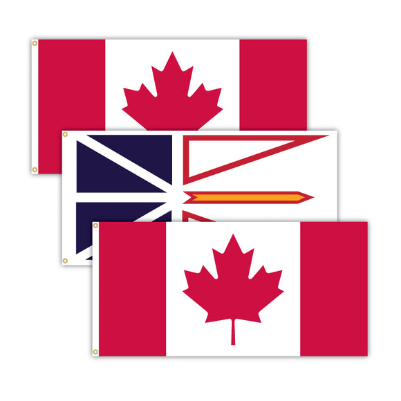 This bundle features 2x Canadian flags and 1x Newfoundland flag.