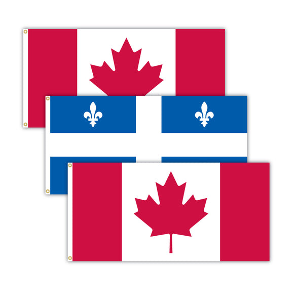 This bundle features 2x Canadian flags and 1x Quebec flag.