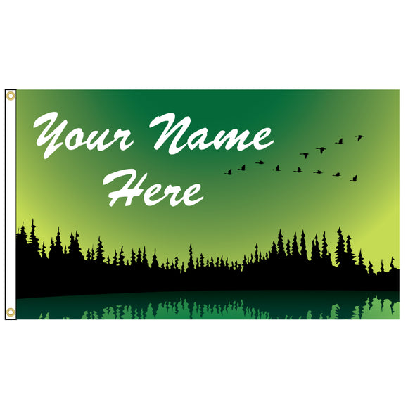 Canada geese flying across green sky over a lake. Personalize with your name.