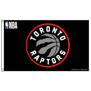 Toronto Raptors flag featuring Toronto Raptors logo and small NBA logo in upper left corner.