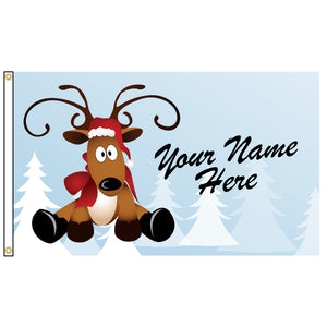Reindeer cartoon on a flag that you can add your name too.