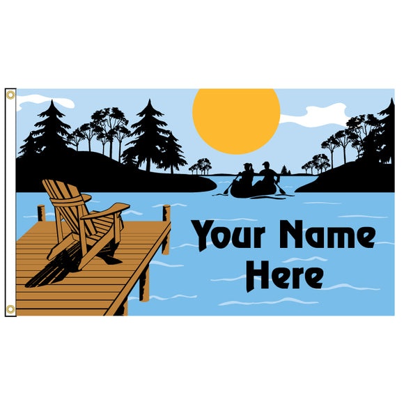 Flag featuring an illustration of a chair on a dock. Add your name to personalize it.
