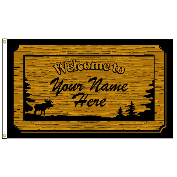 Flag printed to look like a wooden sign that says Welcome. Personalize it with your name.